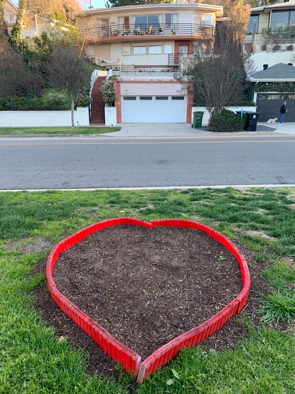 Heart shaped planter in a yard.